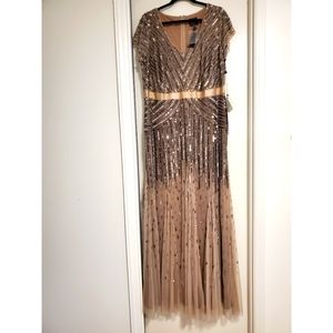 Adrianna Papell nude beaded cap sleeve gown